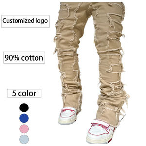 Customized men's solid color straight leg jeans new embroidered perforated pants elastic stacked denim