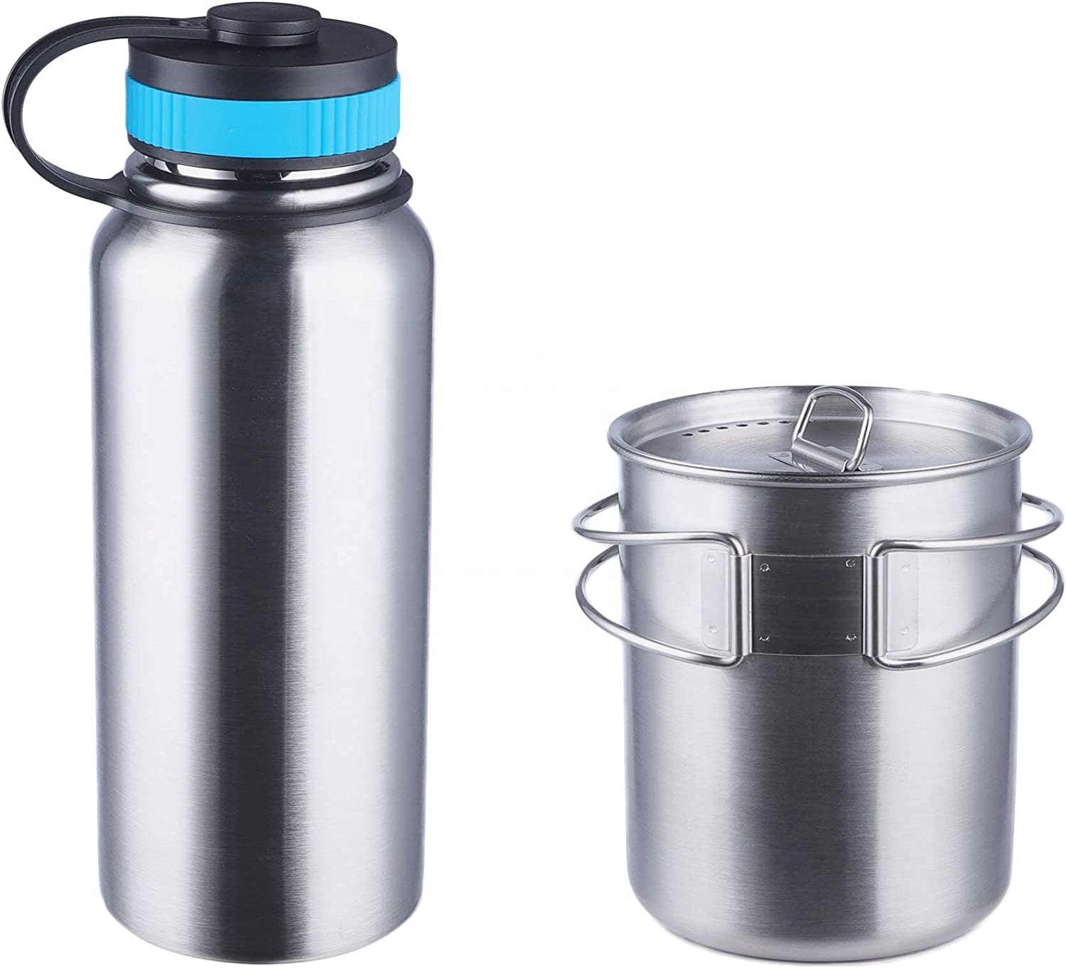 Stainless Steel Water Bottle with Nested Camping Cup and Lid for Bug Out Bag, Bushcraft Gear, Metal Canteen with Mess Kit