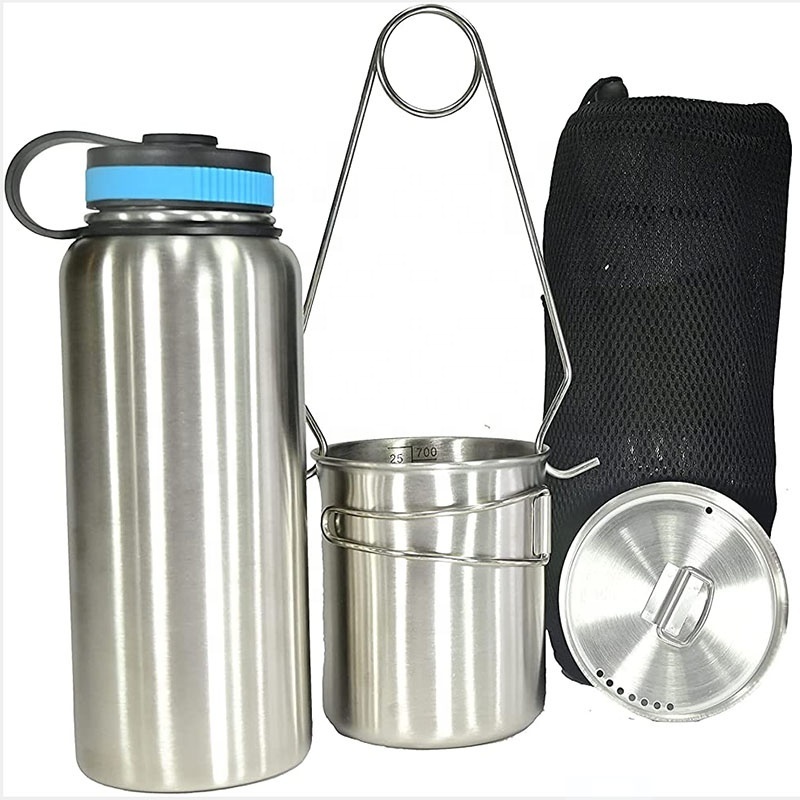 Stainless Steel Water Bottle with Nested Camping Cup and Lid for Bug Out Bag, Bushcraft Gear, Metal Canteen with Mess Kit