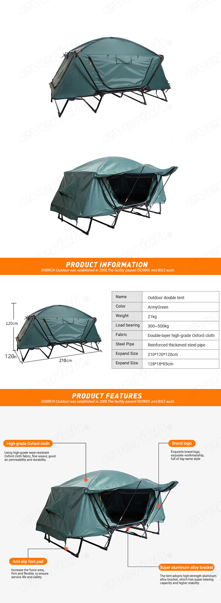 EVERICH hot sale 1 Person Folding Cot Outdoor Waterproof Hiking Privacy Bed Swag Tent Camping Cot