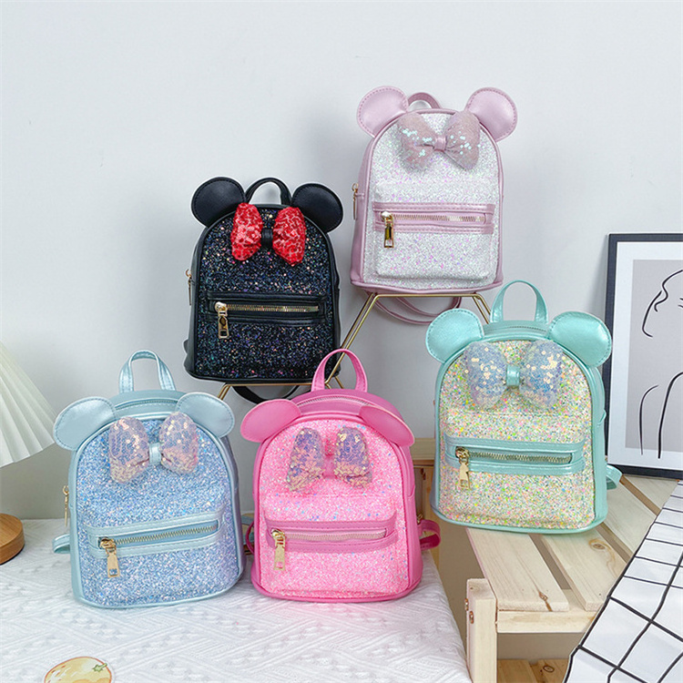 Children's Cute Multicolor Sequins Fashion Kids Cartoon Mouse Bowknot Backpack Mini Schoolbag For Girls