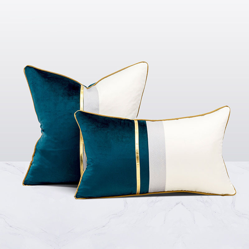 Decorative Throw Pillow Covers Teal Green and White Velvet Patchwork with Gold Leather  for Living Room Couch Bed