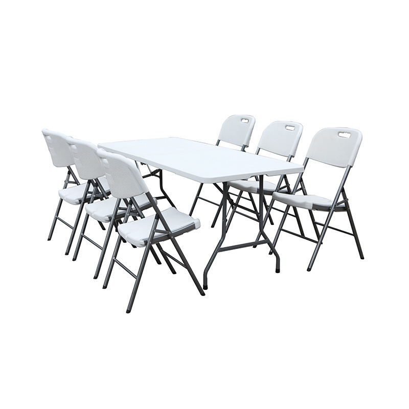 Hot selling white simple portable outdoor picnic folding table and chair set, one 6ft folding table with 4 folding chair