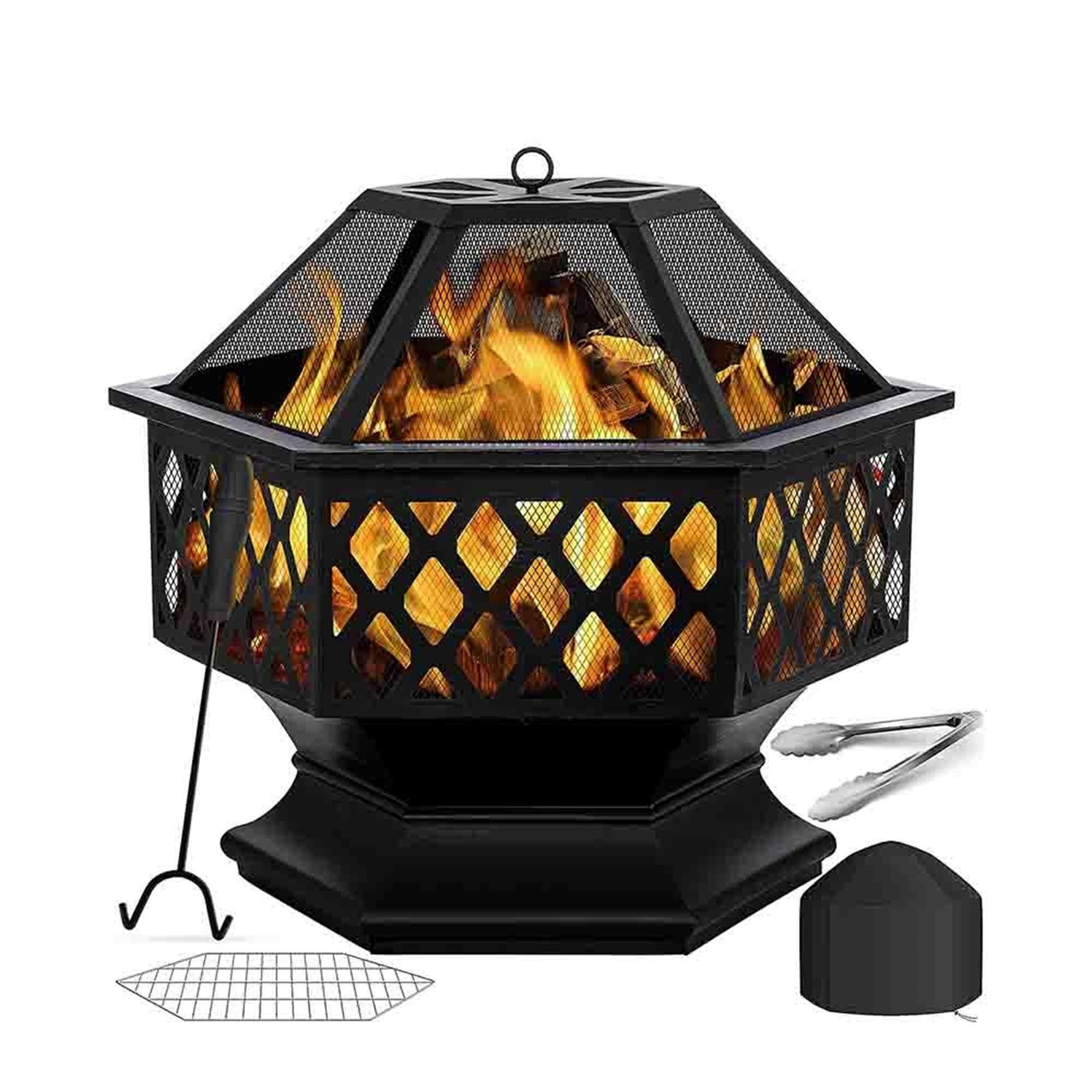 Hex-shaped Heavy Duty Steel Campfire Firepit Garden Outdoor Fire Pit With Wood Burning Screen Cover and Poker