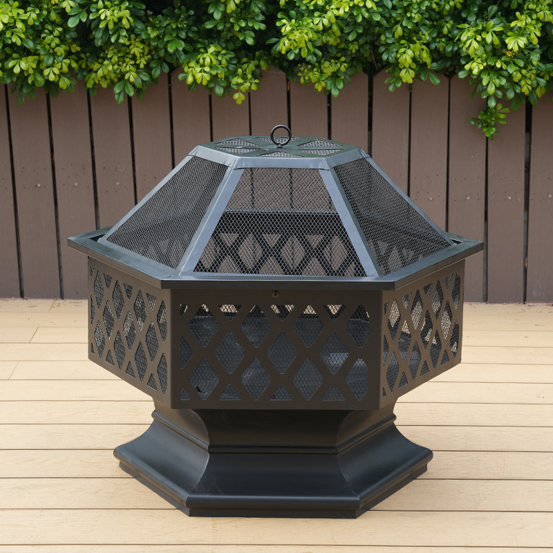 Hex-shaped Heavy Duty Steel Campfire Firepit Garden Outdoor Fire Pit With Wood Burning Screen Cover and Poker