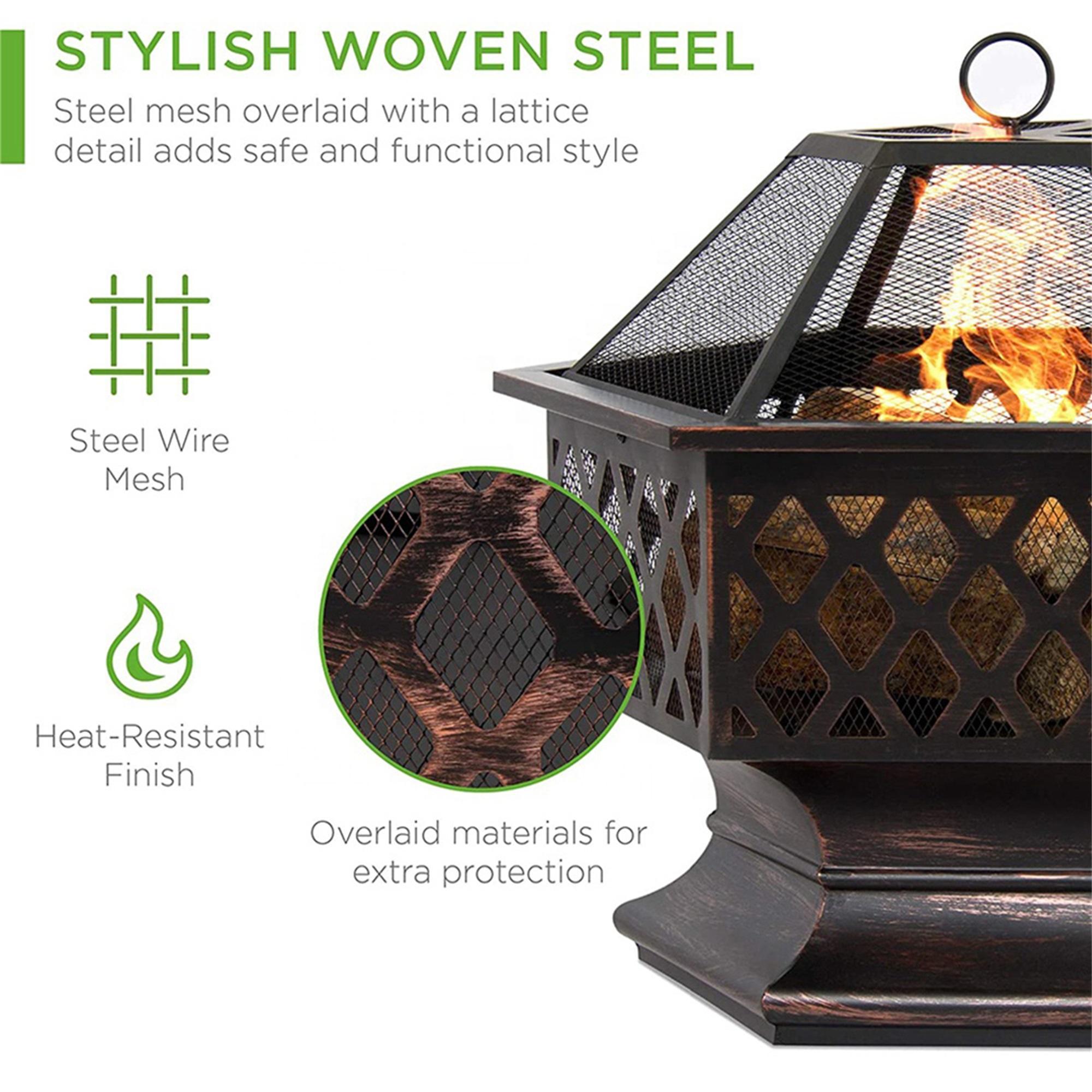 Hex-shaped Heavy Duty Steel Campfire Firepit Garden Outdoor Fire Pit With Wood Burning Screen Cover and Poker