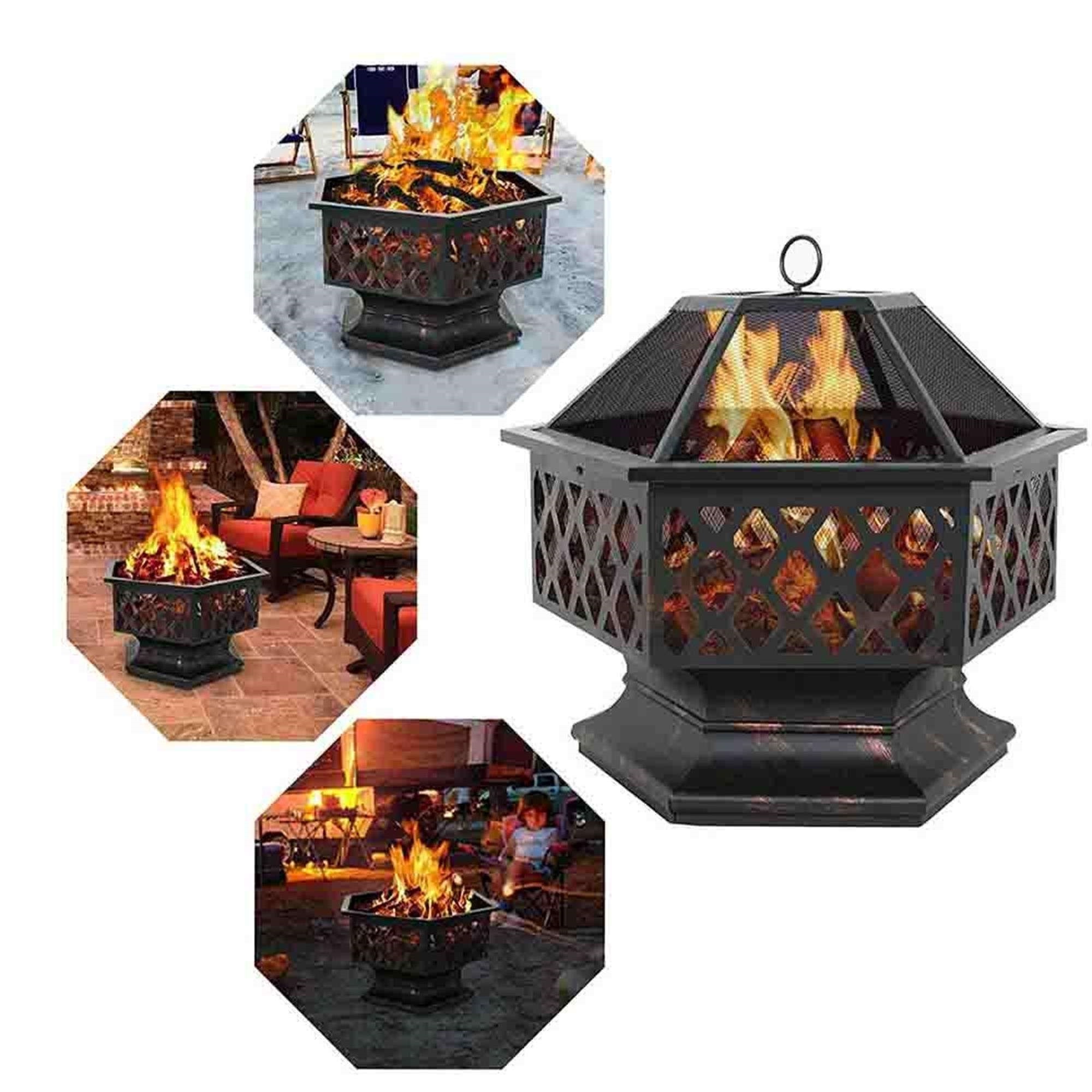 Hex-shaped Heavy Duty Steel Campfire Firepit Garden Outdoor Fire Pit With Wood Burning Screen Cover and Poker