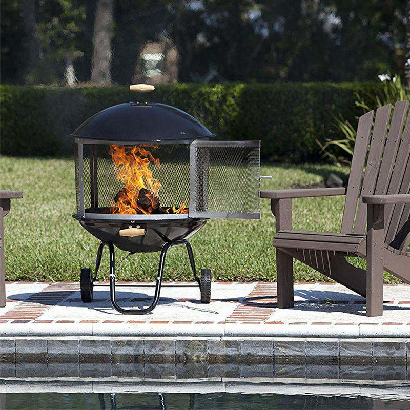 Easy To Move Two Wheels Black Wooden Burning Fireplace Manufacturer Wholesale Outdoor Fire Pit