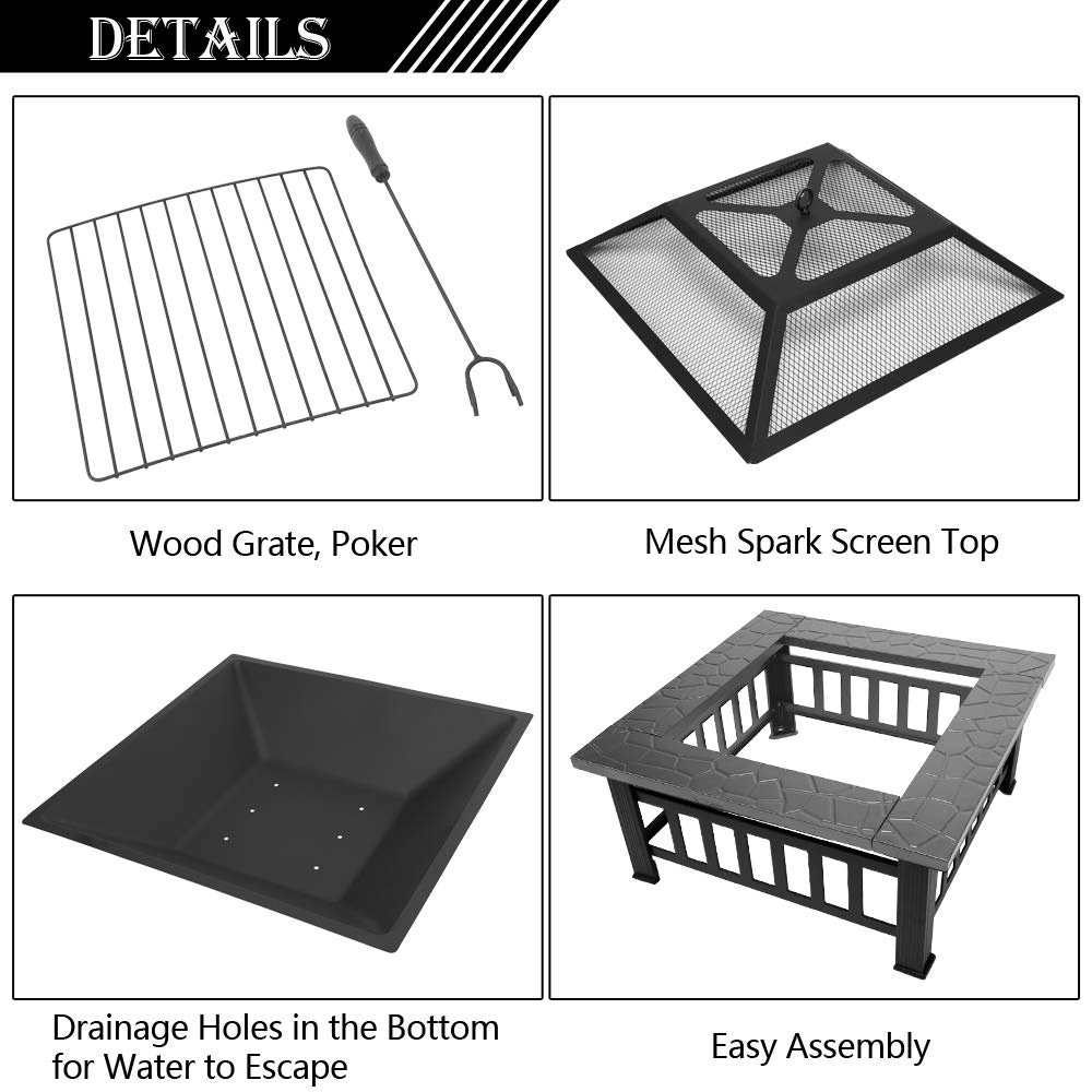 Outdoor Wood-Burning Fire Pit Metal Firepit Square Table Backyard Patio Garden Stove Wood Burning Fire Pit With Bbq Grill