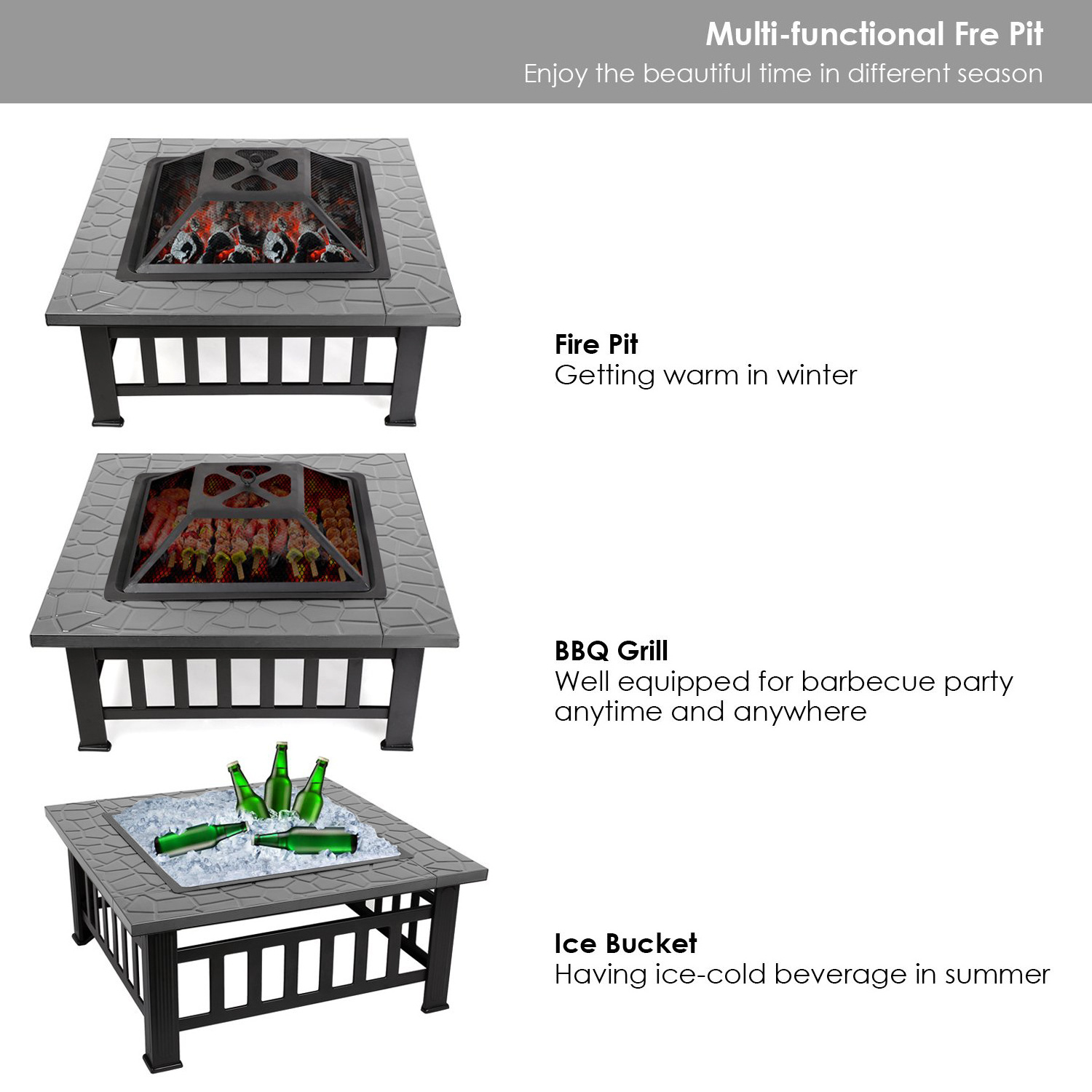 Outdoor Wood-Burning Fire Pit Metal Firepit Square Table Backyard Patio Garden Stove Wood Burning Fire Pit With Bbq Grill