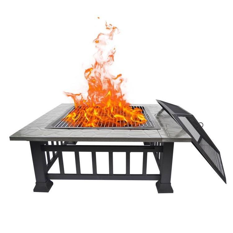 Outdoor Wood-Burning Fire Pit Metal Firepit Square Table Backyard Patio Garden Stove Wood Burning Fire Pit With Bbq Grill