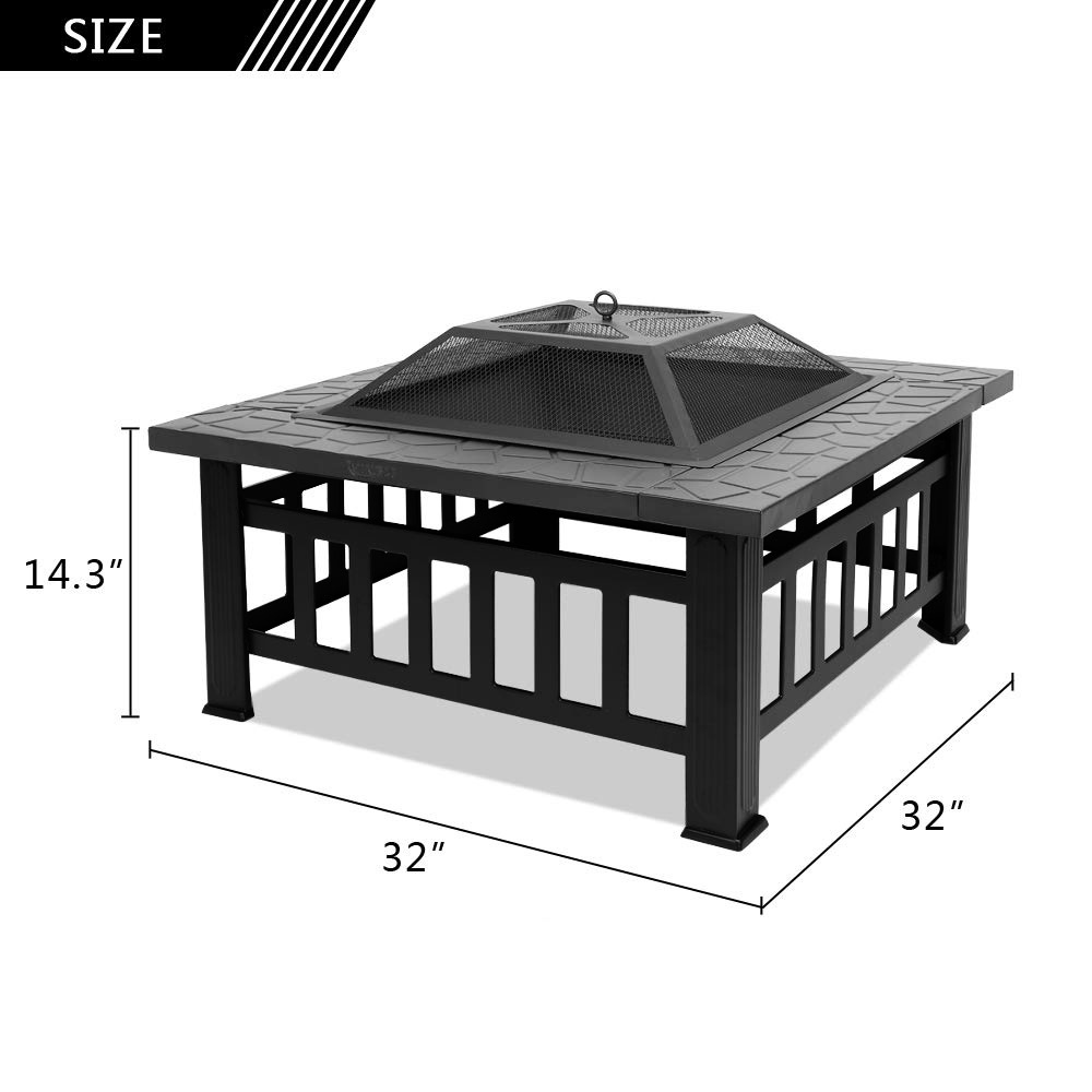 Outdoor Wood-Burning Fire Pit Metal Firepit Square Table Backyard Patio Garden Stove Wood Burning Fire Pit With Bbq Grill