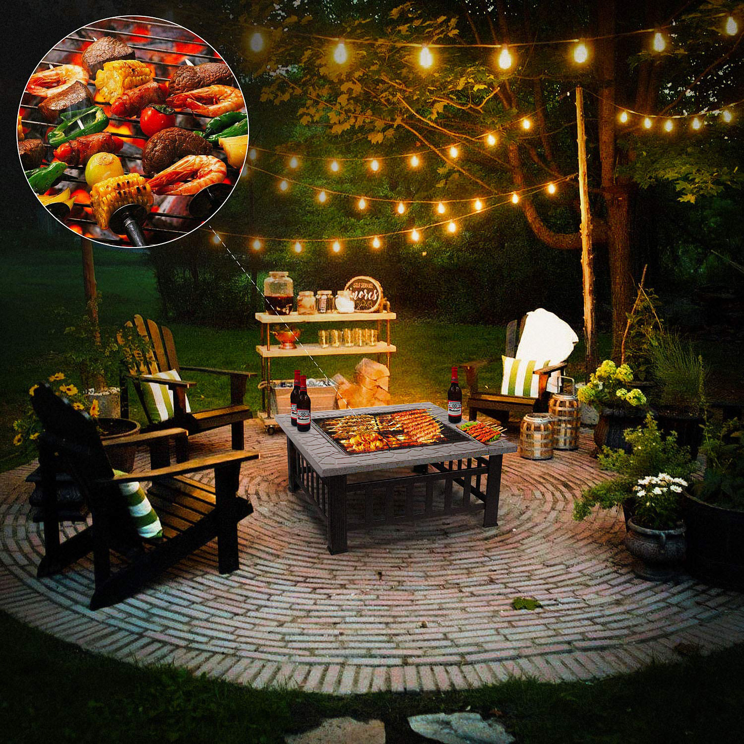 Outdoor Wood-Burning Fire Pit Metal Firepit Square Table Backyard Patio Garden Stove Wood Burning Fire Pit With Bbq Grill