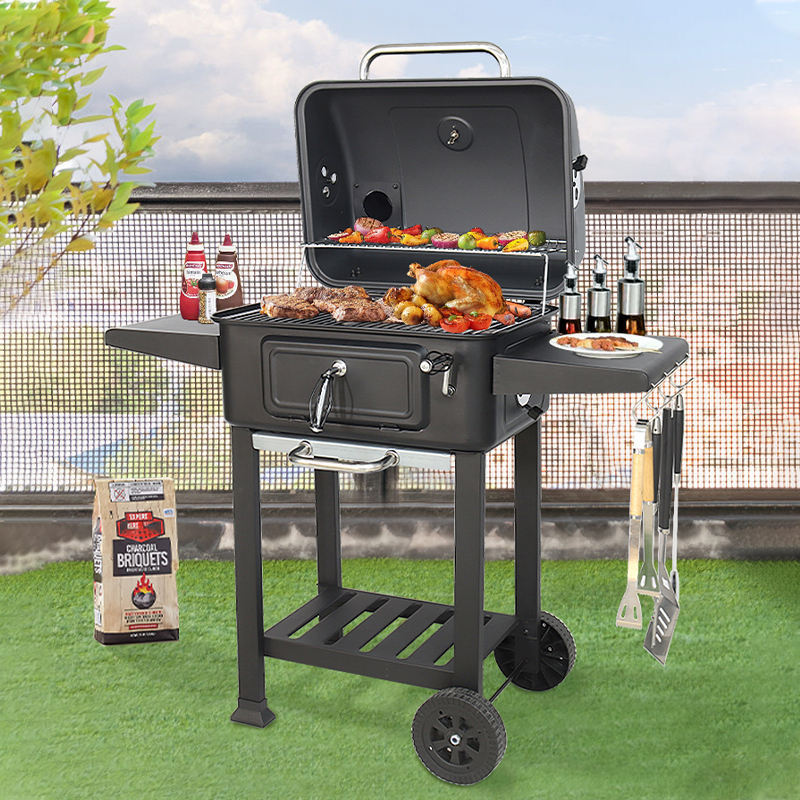 Garden charcoal barbecue grill Adjustable height smoker with Chimney camping outdoor kitchen cart  trolley bbq grills