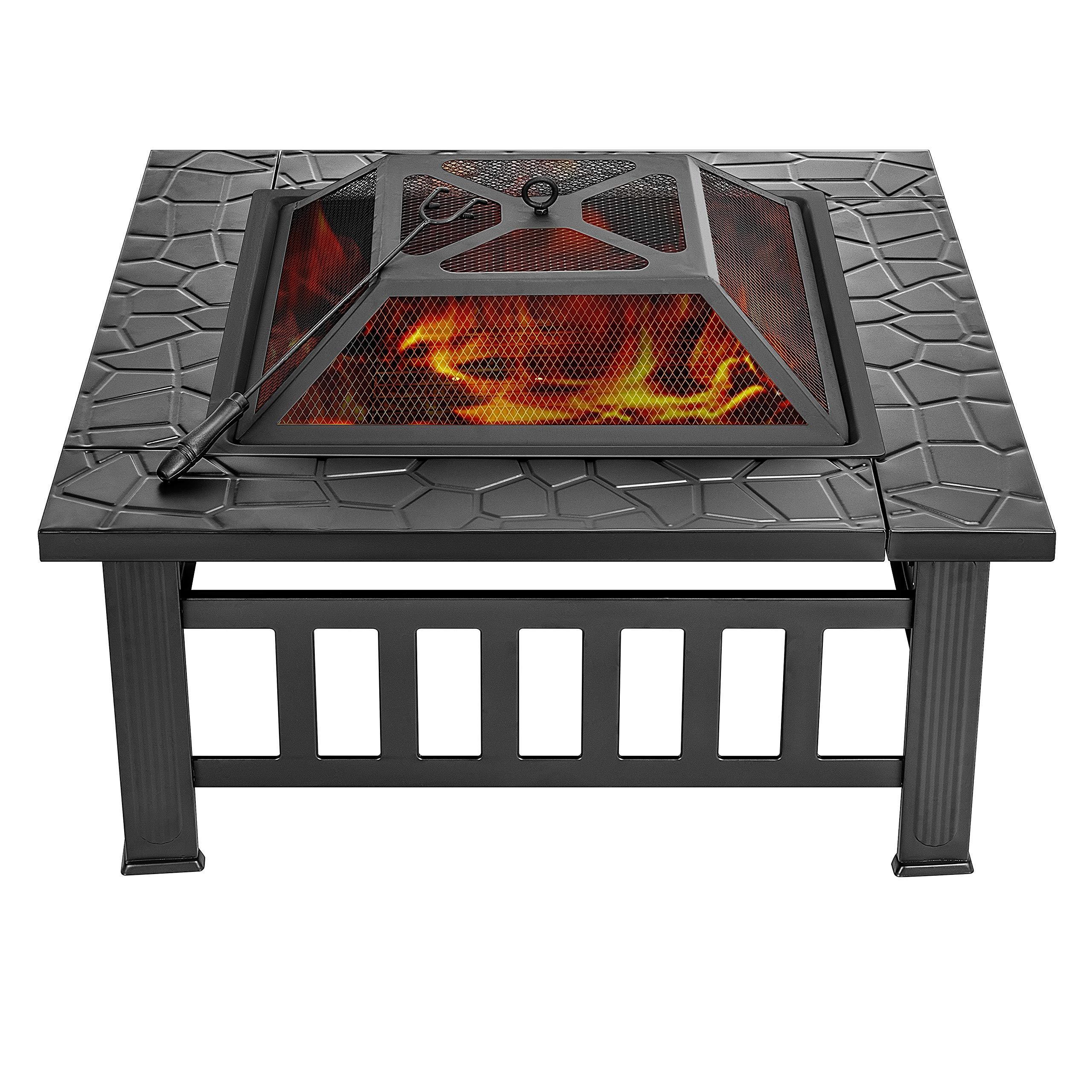 32 Inch Heavy Duty 3 in 1 Square Patio Fire pit metal  Table  wood burning outdoor  BBQ Garden Stove with Spark Screen