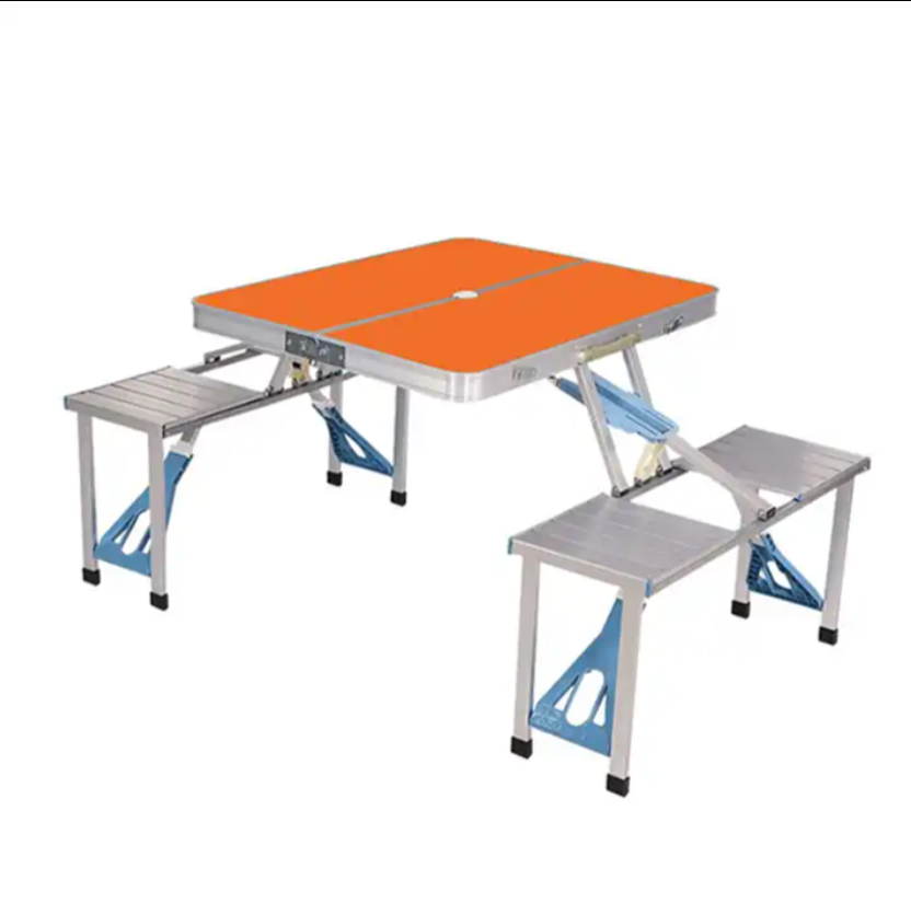 Ty Foldable Camping Picnic Table Set with Four Chairs and Umbrella Hole, 4-Seats Aluminum Fold Up Travel Picnic table