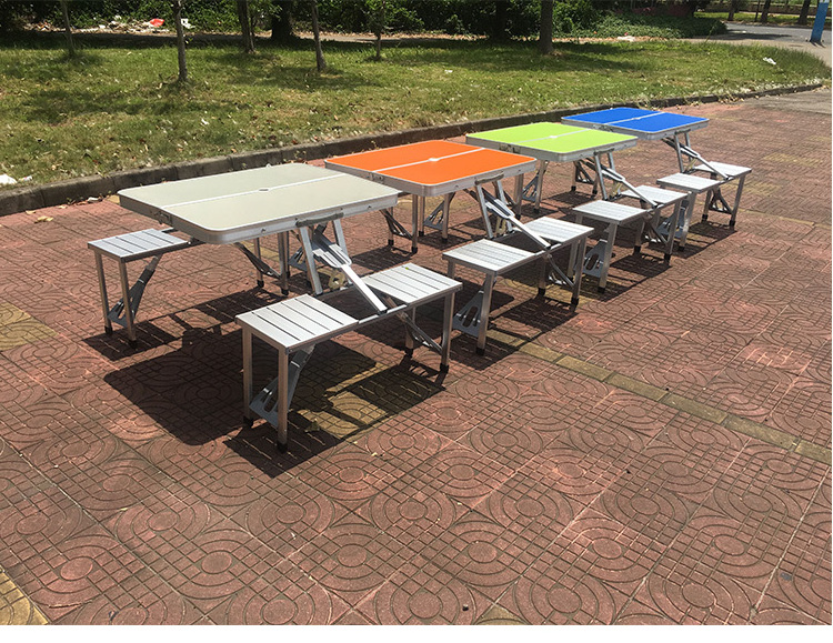 Ty Foldable Camping Picnic Table Set with Four Chairs and Umbrella Hole, 4-Seats Aluminum Fold Up Travel Picnic table