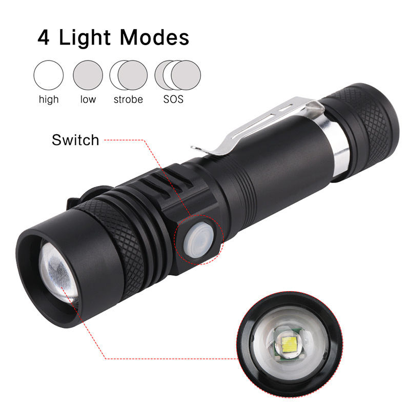 Boruit high quality tactical flashlight led torch light 1200 lumens usb rechargeable zoomable led flashlight for camping