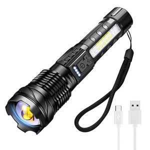 BORUiT High Power 12000lm Flashlight with Side Light White and Red Zoomable LED Torch Light Type C Rechargeable Battery