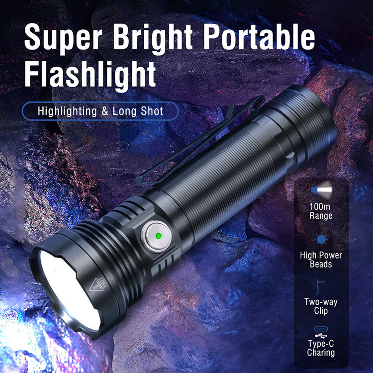 Boruit 2024 New High bright 2500 Lumen Portable Waterproof USB C Rechargeable flashlights with Two-way Clip