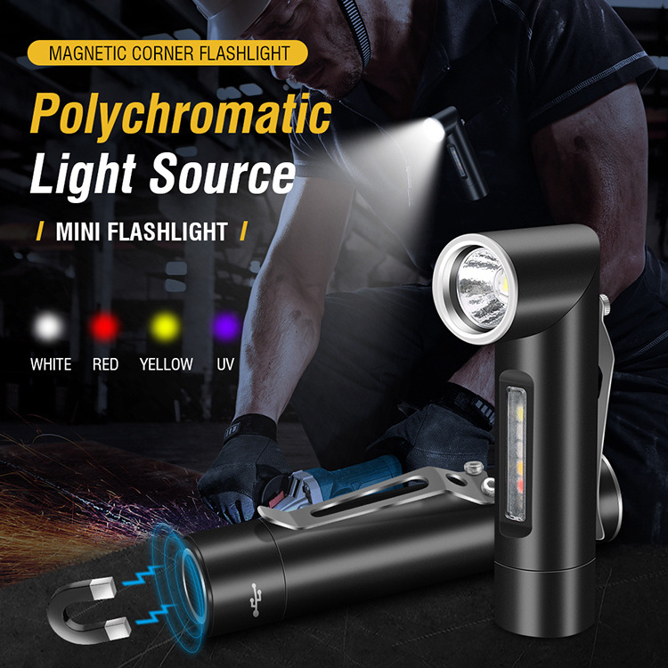 New Arrival Boruit 500 Lumens LED Flashlight IP65 Waterproof UV Portable Torch 90 Degree Rechargeable Worklight Tail With Magnet