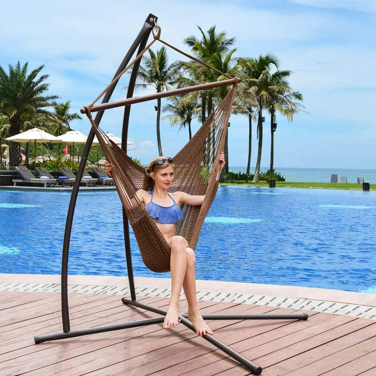 Danlong Hammocks Caribbean Hanging Swing Chair, Soft Spun Polyester Rope, 47-inch Wood Spreader Bar