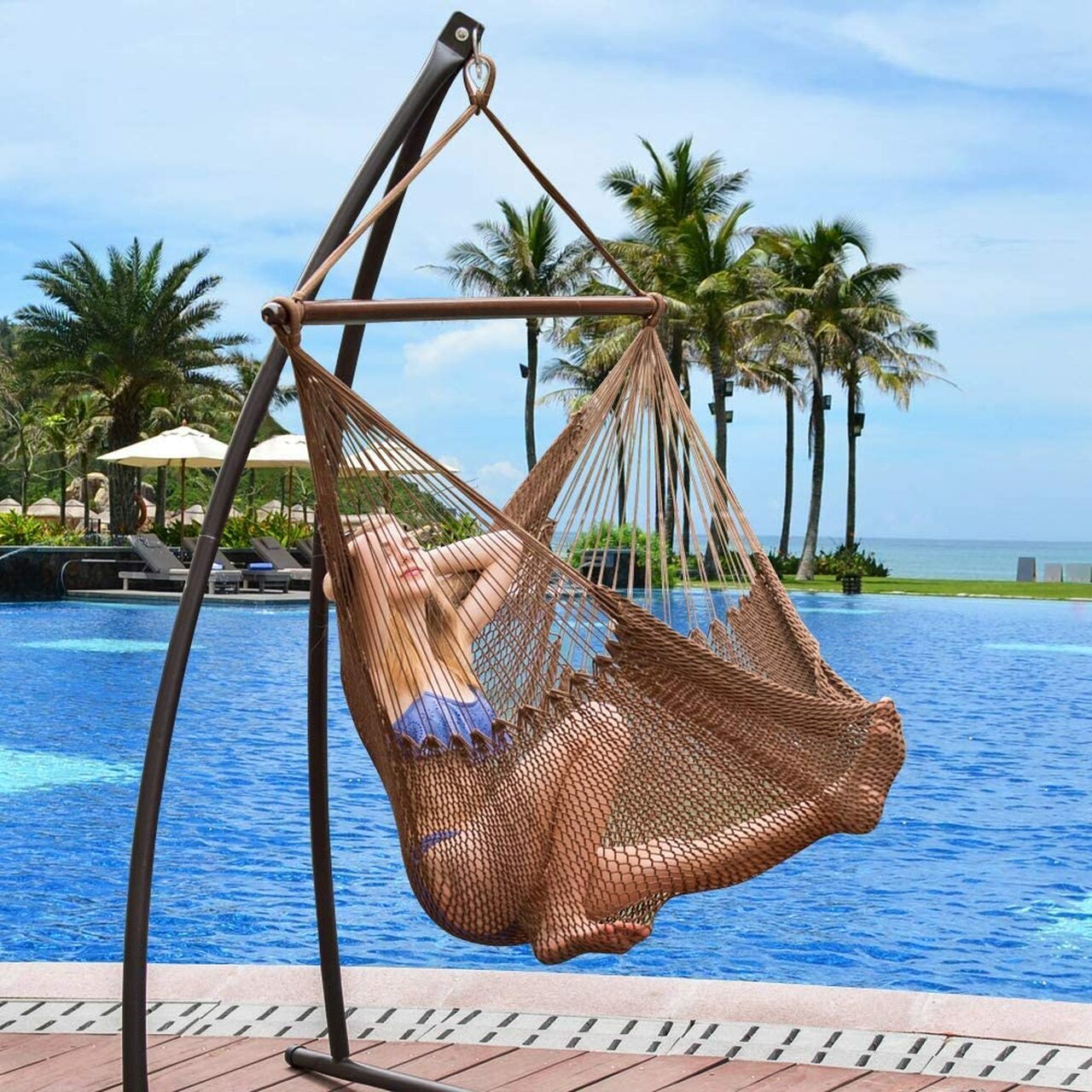 Danlong Hammocks Caribbean Hanging Swing Chair, Soft Spun Polyester Rope, 47-inch Wood Spreader Bar