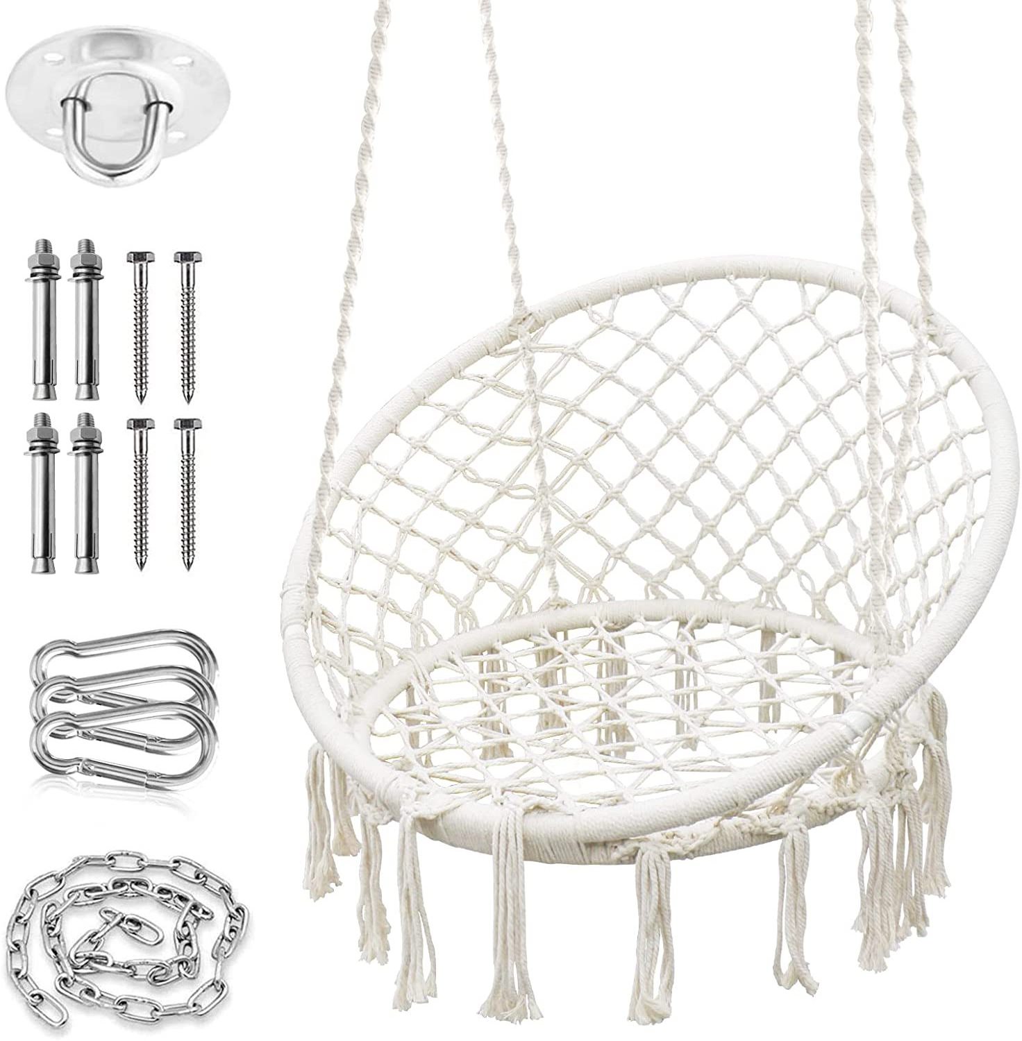 Danlong Patio Round Handmade Cotton Rope Hanging Seat Macrame Hammock Swing Chair