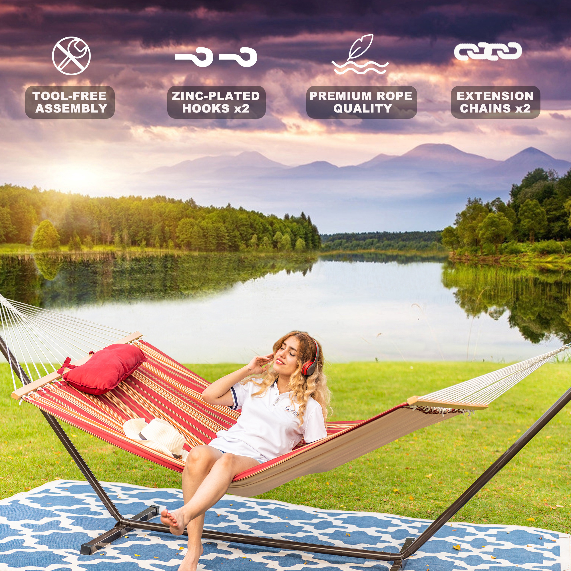 Danlong Garden leisure quilted double portable hammock beds with wooden stand