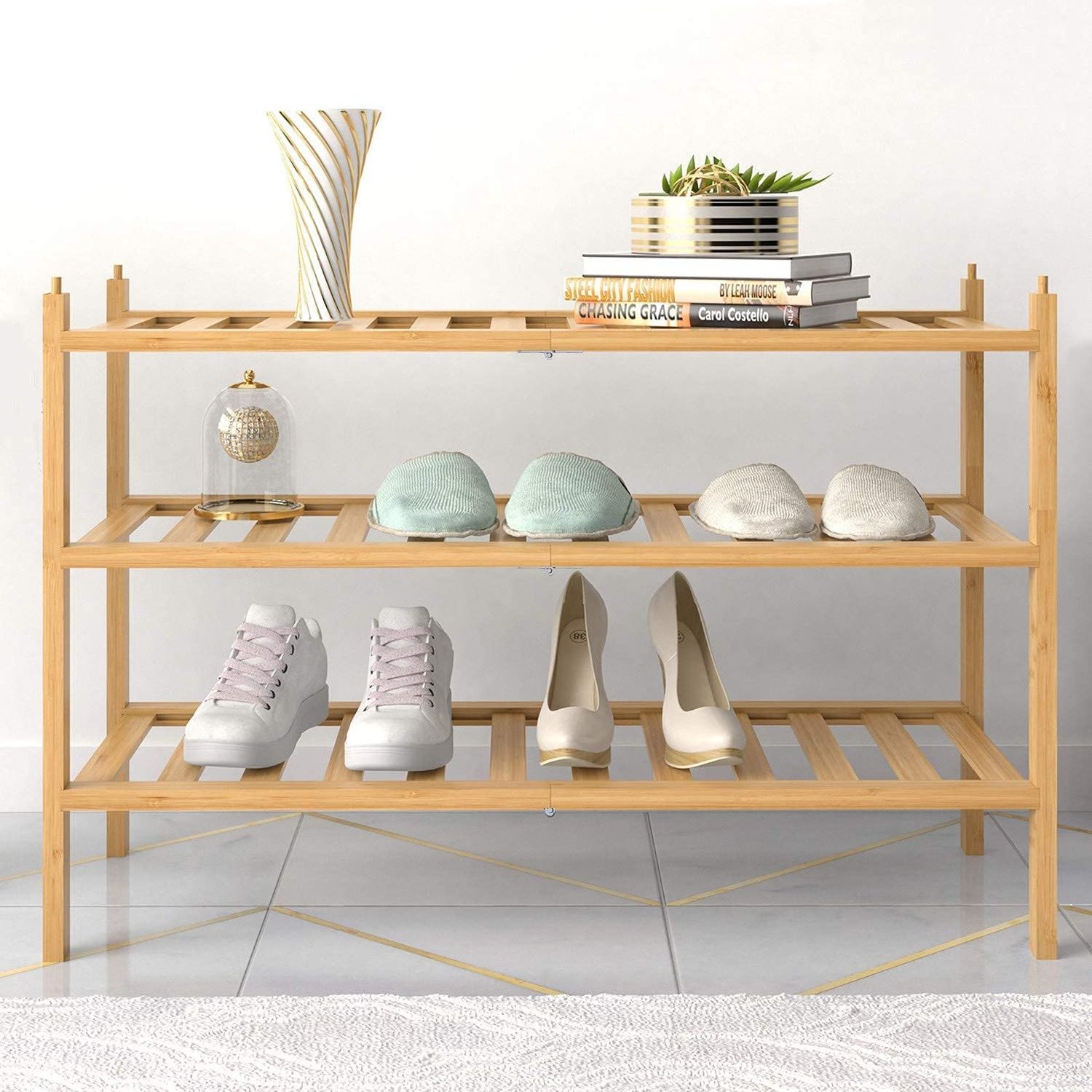 3 -tier Extendable Bamboo extendable multilayer shoe rack stand for home entryways cabinet