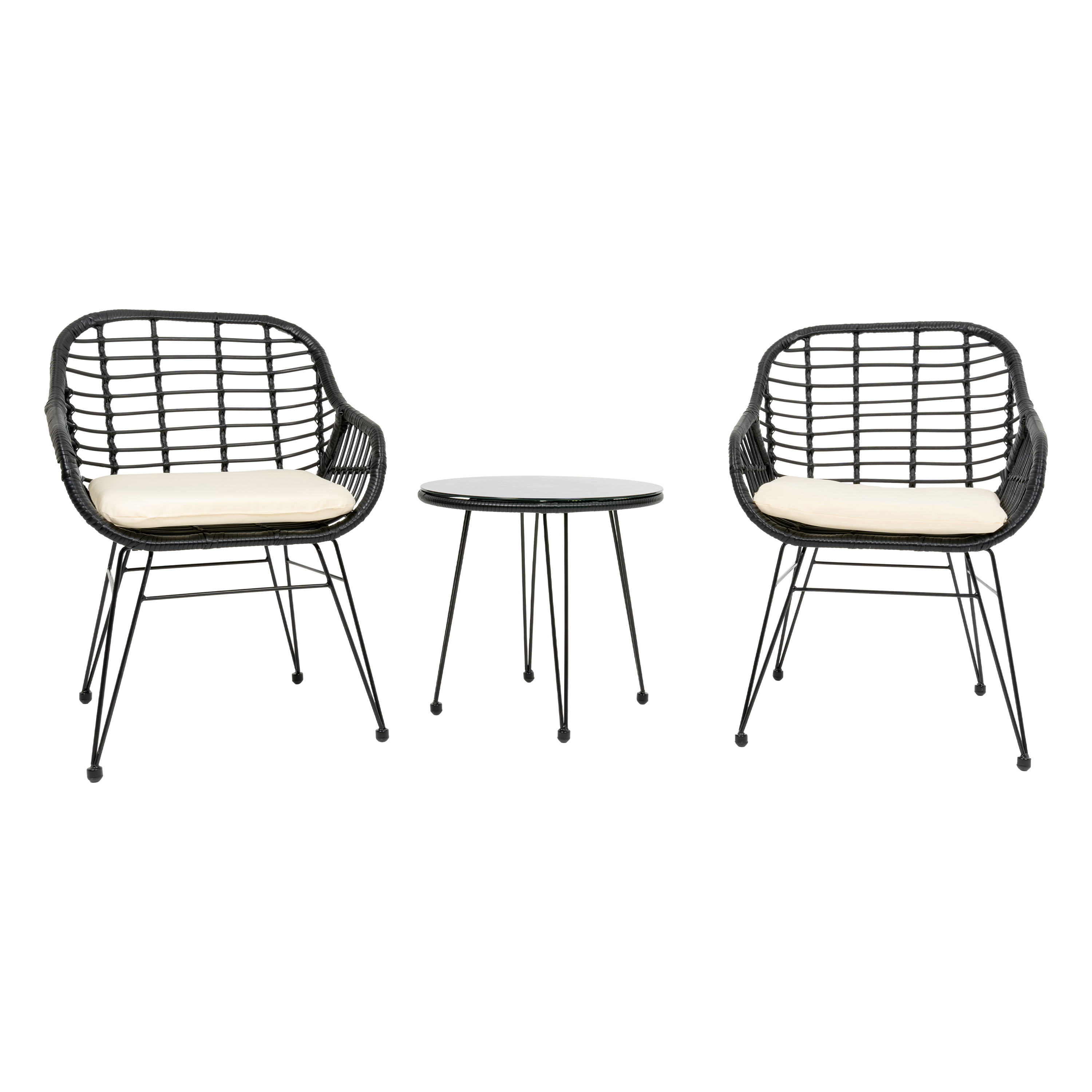 Outdoor bistro set chat set PE rattan/wicker chairs small patio set with cushions and side table