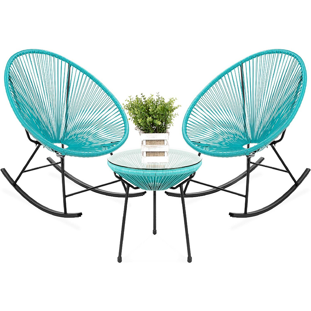 3 piece outdoor furniture all weather woven Rope patio conversation bistro set with glass top table and 2 rocking chairs