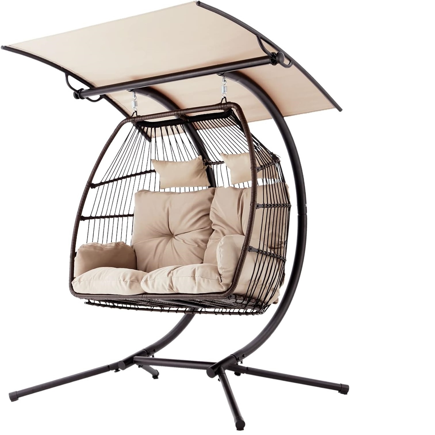 Outdoor Garden Foldable  Rattan Wicker Double Seat Basket Nest Hanging Egg Swing Chair with Metal Stand