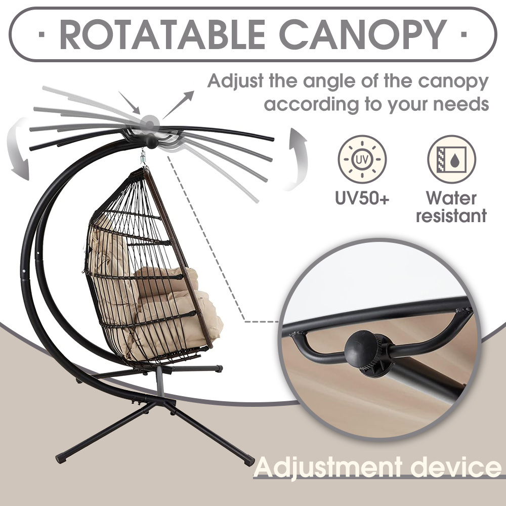 Outdoor Garden Foldable  Rattan Wicker Double Seat Basket Nest Hanging Egg Swing Chair with Metal Stand