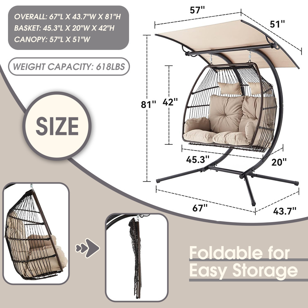 Outdoor Garden Foldable  Rattan Wicker Double Seat Basket Nest Hanging Egg Swing Chair with Metal Stand