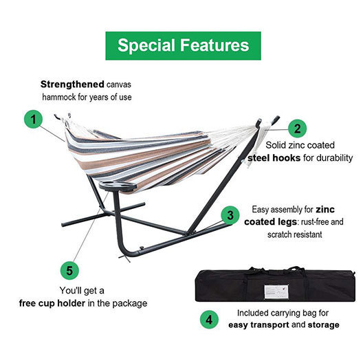 Danlong Portable 450 lbs Canvas Hammock Combo with Steel Stand with Cup Holder, Carrying Bag