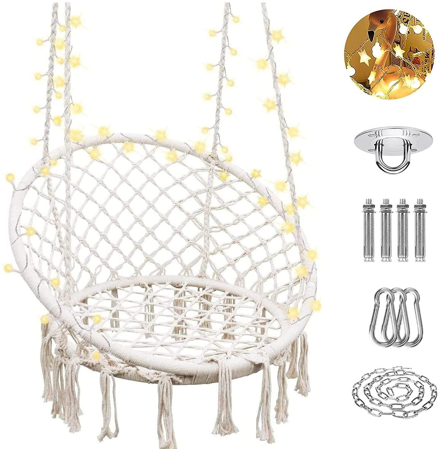 Indoor Outdoor patio Round Hanging Swing Chair  LED Lights basket Hammock Chair With Metal Stand