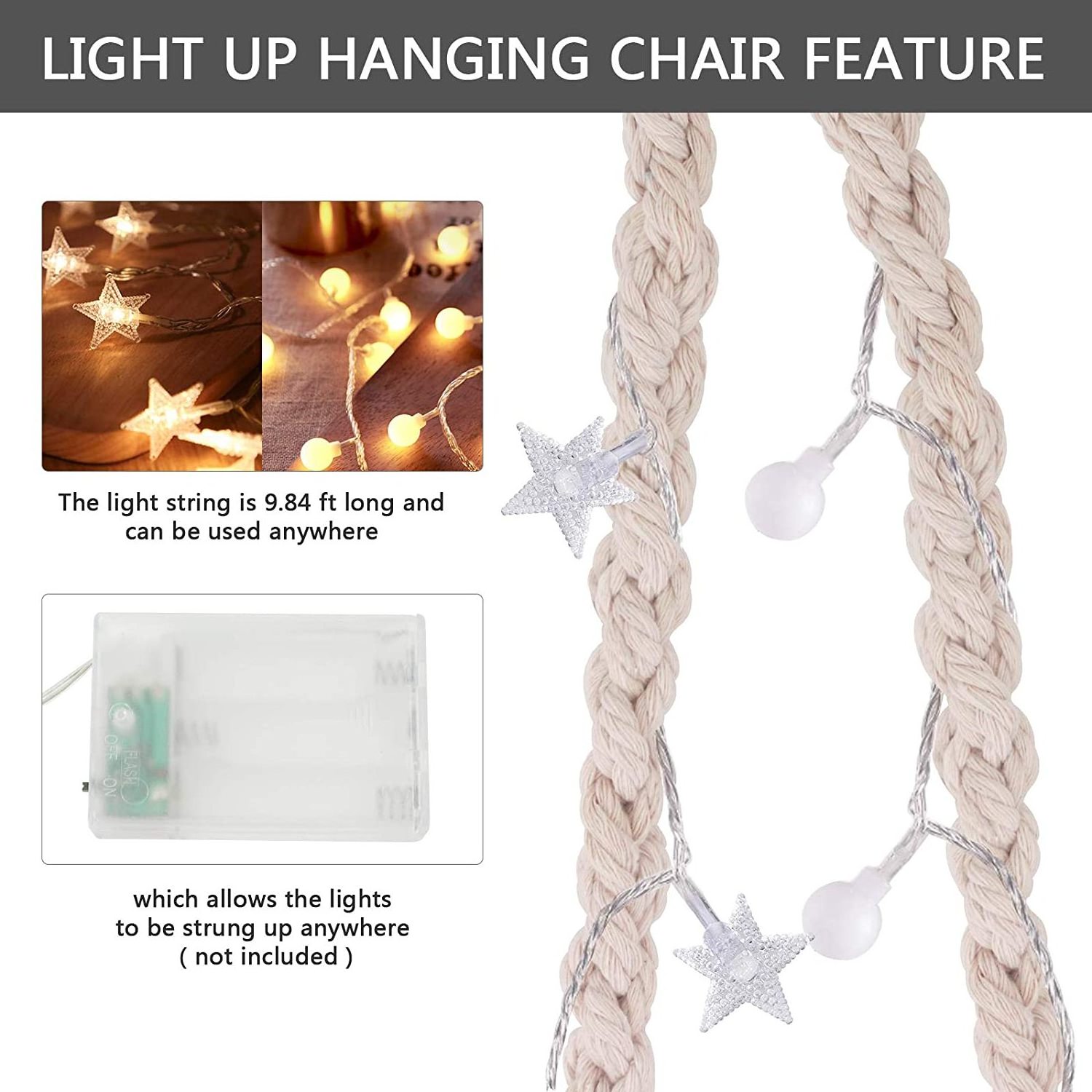 Indoor Outdoor patio Round Hanging Swing Chair  LED Lights basket Hammock Chair With Metal Stand