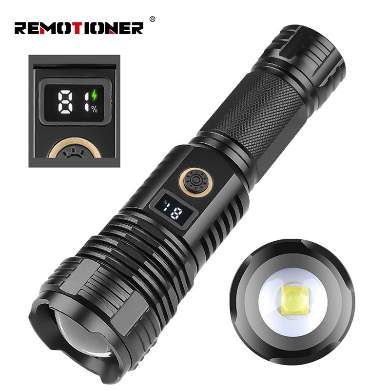 XHP70 High Power Mini Small Torches Type-C USB Rechargeable Aluminum Zoomable Flashlight with Digital Display