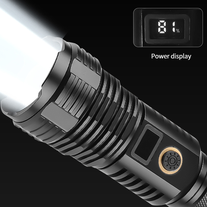 XHP70 High Power Mini Small Torches Type-C USB Rechargeable Aluminum Zoomable Flashlight with Digital Display