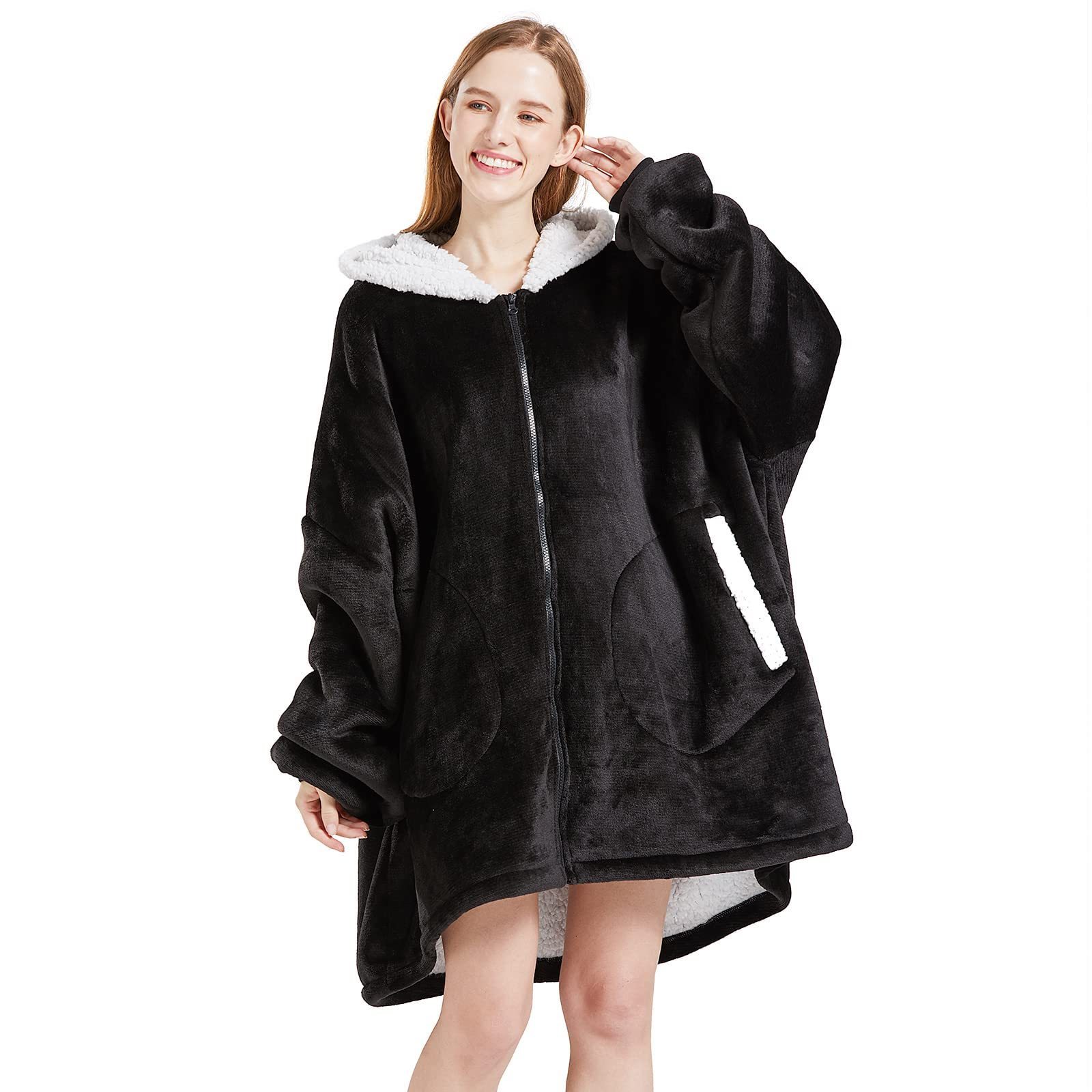 Wearable hoodie blanket oversized thick flannel sherpa blanket sleeves zipper giant pocket oodie