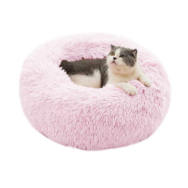 Stock Pet Bed Soft Long Plush Cushion PP Cotton Cat Donut Soft Round Calming Dog Bed