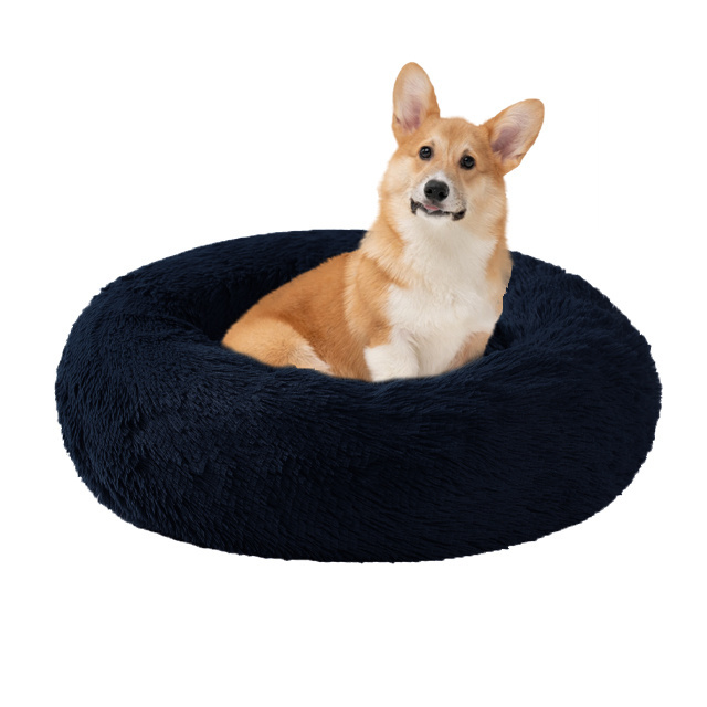 Stock Pet Bed Soft Long Plush Cushion PP Cotton Cat Donut Soft Round Calming Dog Bed