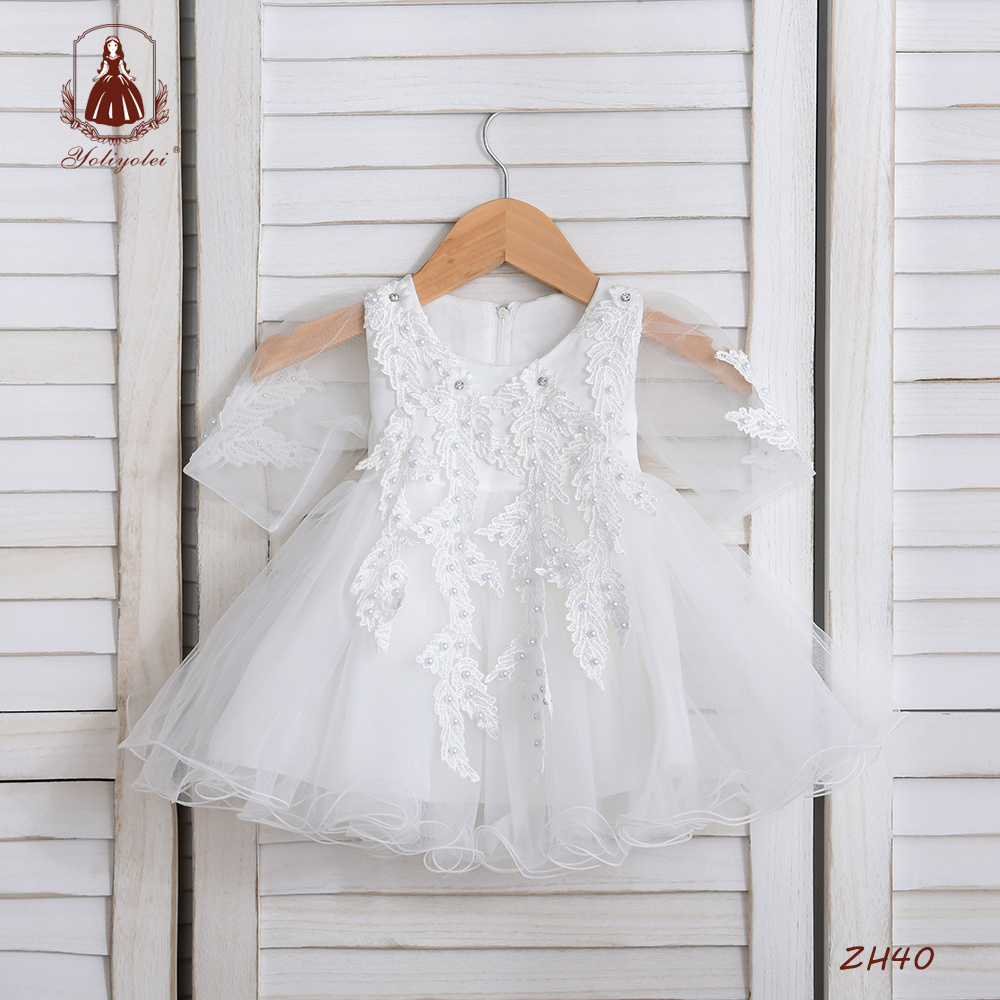 Wholesale Customized Toddler Kids Embroidered Wedding Dress Pure White Infant Baby Flower Girls' Tulle Baptism Dresses