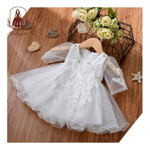 Wholesale Customized Toddler Kids Embroidered Wedding Dress Pure White Infant Baby Flower Girls' Tulle Baptism Dresses