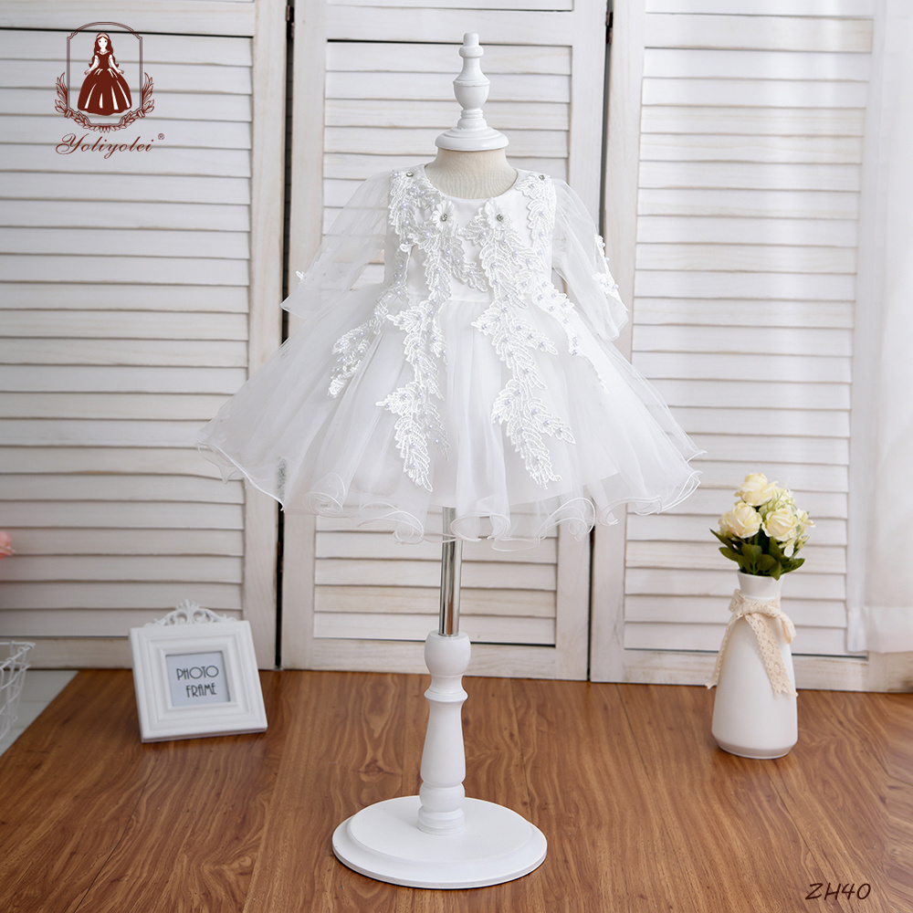 Wholesale Customized Toddler Kids Embroidered Wedding Dress Pure White Infant Baby Flower Girls' Tulle Baptism Dresses