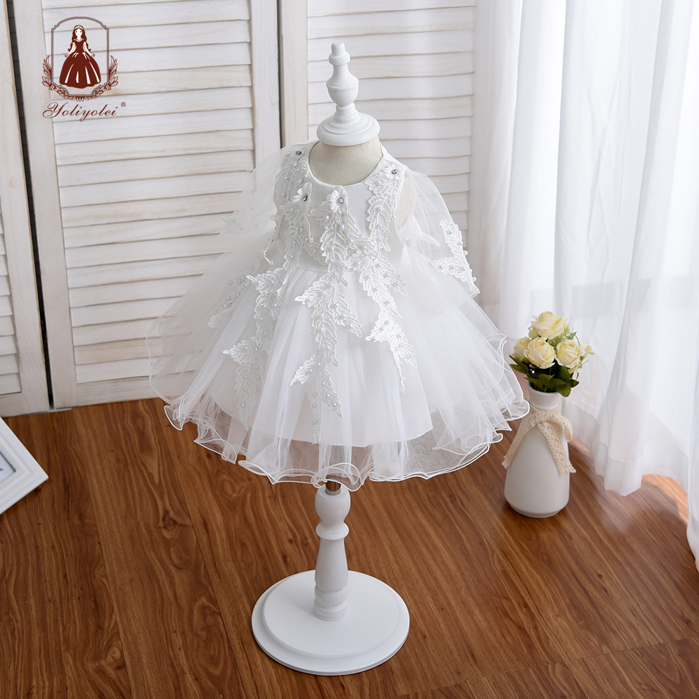 Wholesale Customized Toddler Kids Embroidered Wedding Dress Pure White Infant Baby Flower Girls' Tulle Baptism Dresses