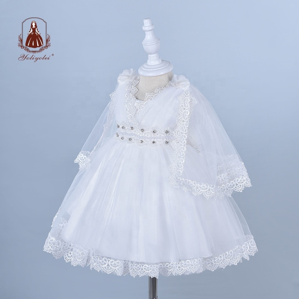 Wholesale Baby Newborn Girls Baptism Dress Princess Party Dresses,With Cap Christening White Dress Baptism Outfit