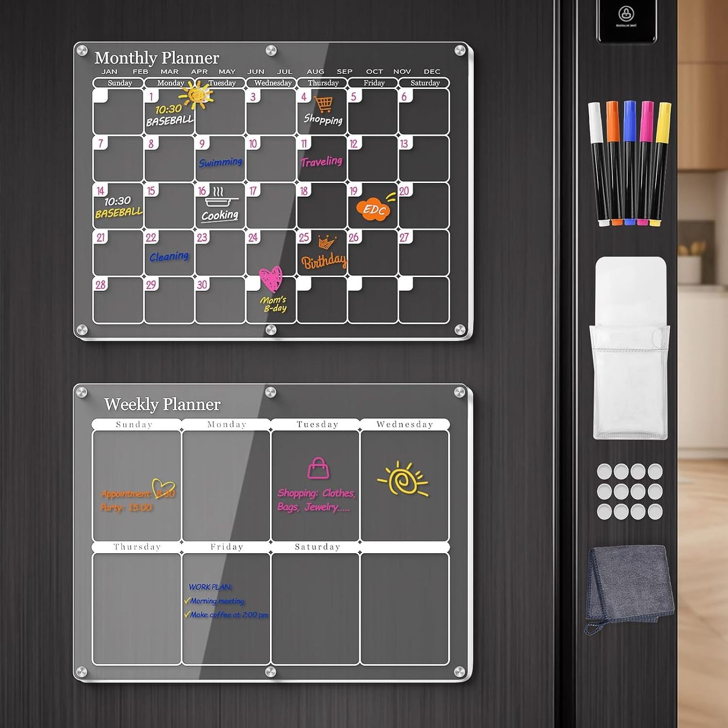 Daily and Weekly Refrigerator Planner Board for Family Magnetic Acrylic Calendar for Fridge