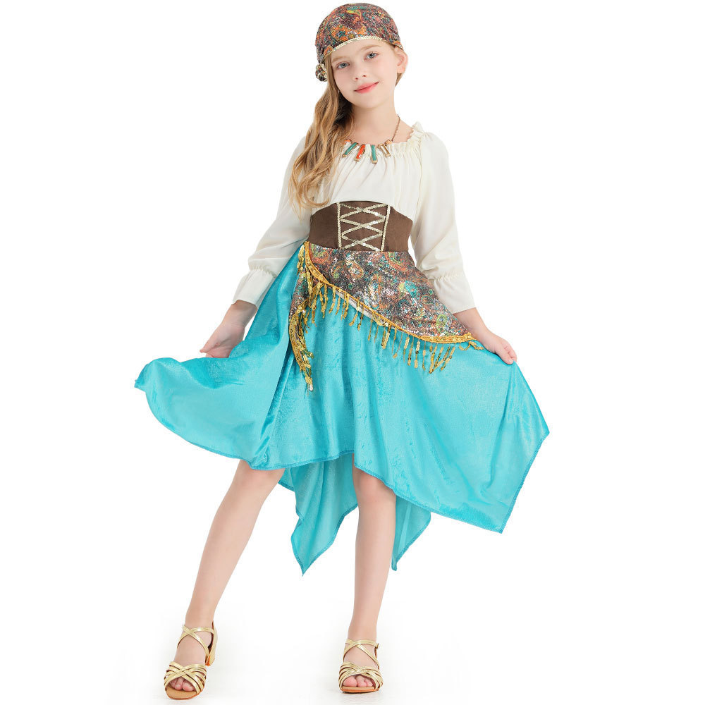 Custom Design Blue Flamenco Dance Dress Strappy And Accessories For Children Halloween Costume